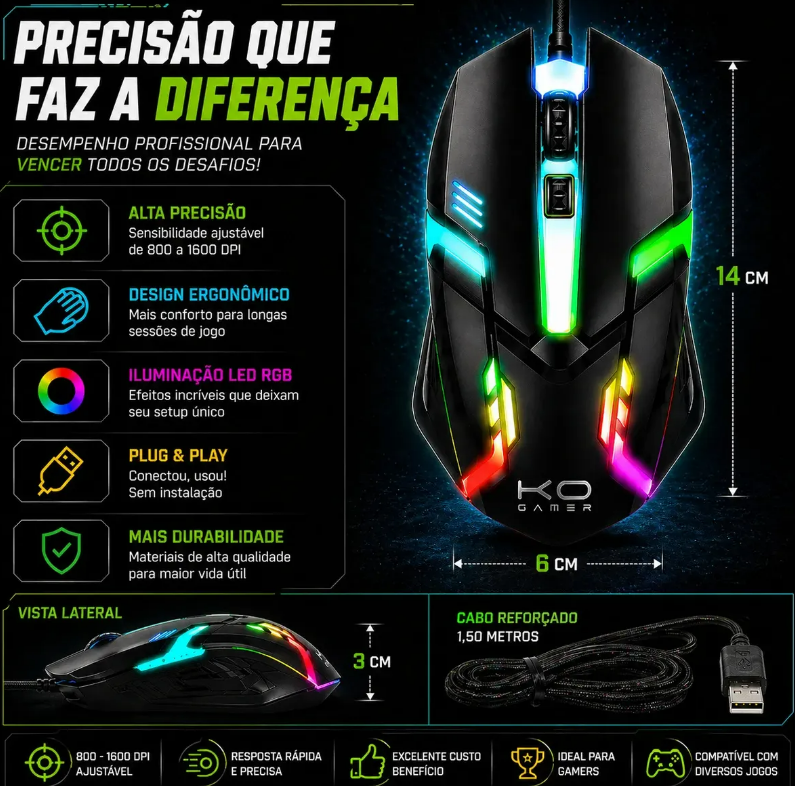 Mouse Gamer Óptico 1600 Dpi Ajustável Cabo Usb Led Colorido - Imagem 2