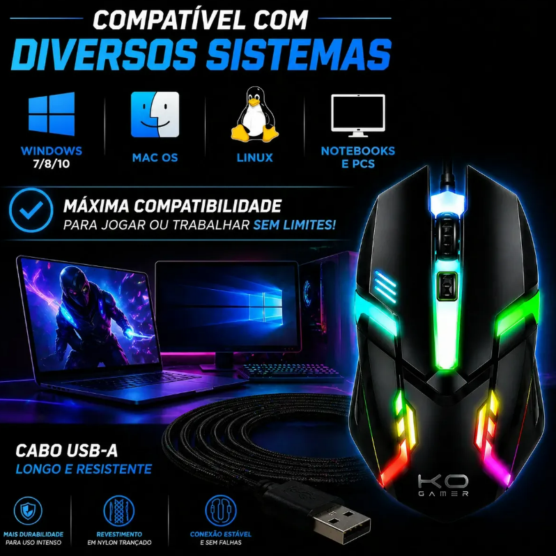Mouse Gamer Óptico 1600 Dpi Ajustável Cabo Usb Led Colorido - Imagem 5